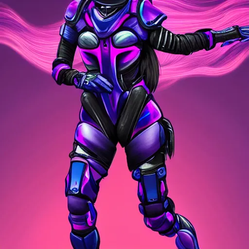 Image similar to a award winning action upper body portrait of a beautiful woman with a ombre purple pink hairstyle with head in motion and hair flying while wearing futuristic navy blue bodyarmor and pauldrons, outrun, vaporware, highly detailed, fine detail, intricate