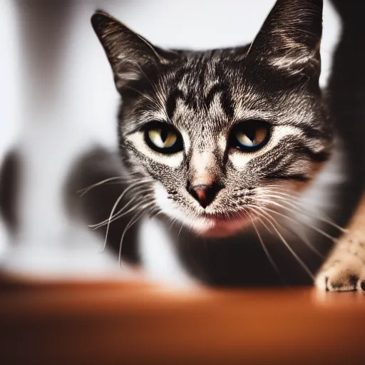 Image similar to photograph of a cat biting someone’s foot, portrait, close up, shallow depth of field, 40mm lens