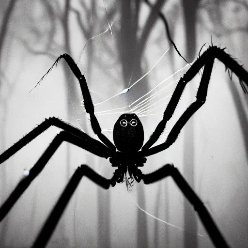 Prompt: A giant long-legged spider lurking in a foggy forest, cinematic, black and white, 16mm, horror