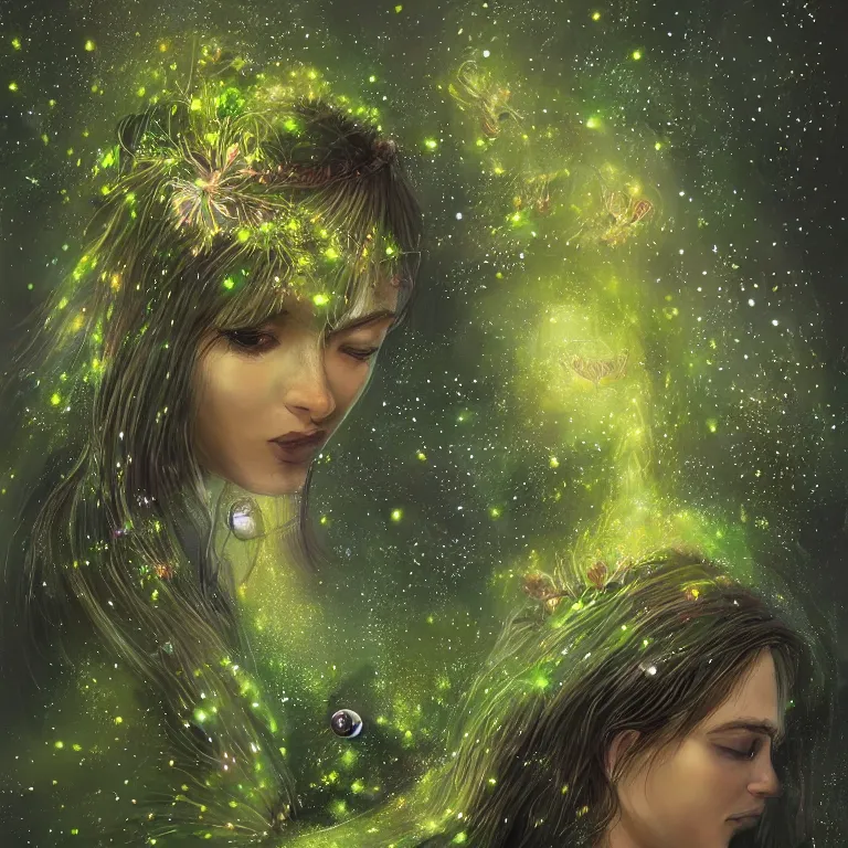 Prompt: a beautiful concept art portrait of a single woman with fireflies and stars in her hair, blooming green slopes and lianas in the background, pinguicula grandiflora, highly detailed, hdr, 8 k resolution, fantasy art, trending on instagram