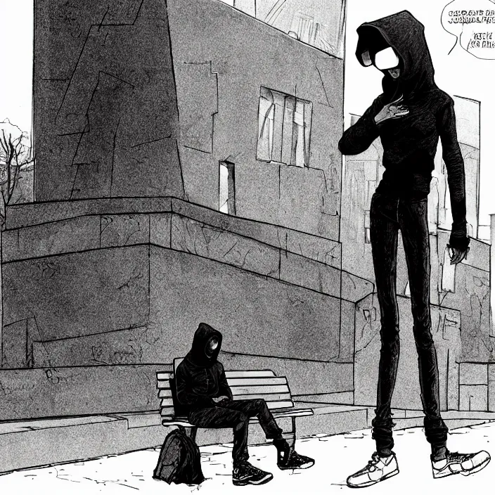 Image similar to storyboard : sadie sink in hoodie sat down on bench in ruined square, pedestrians walk by, old soviet monument. scifi cyberpunk. drawn by gabriel hardman. cinematic atmosphere, detailed and intricate, perfect anatomy