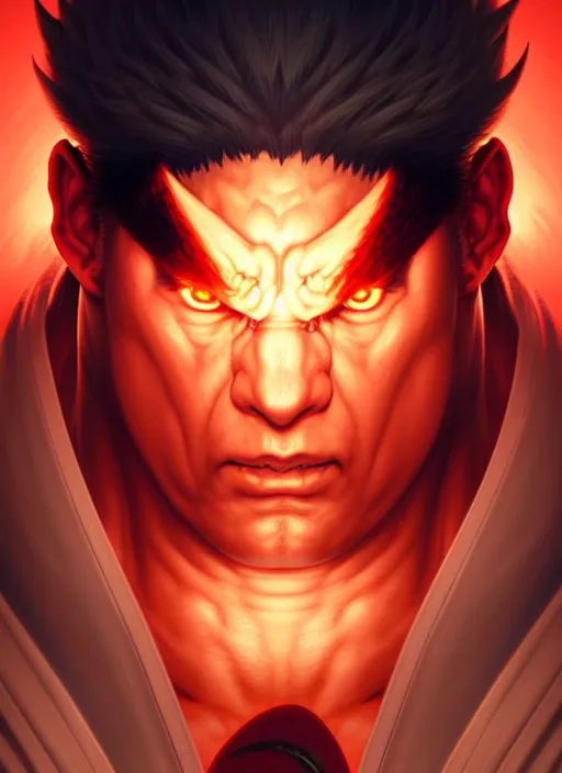 Image similar to symmetry!! portrait of evil ryu, street fighter iv, global illumination!! intricate, elegant, highly detailed, digital painting, artstation, concept art, smooth, sharp focus, illustration, art by artgerm and greg rutkowski and alphonse mucha