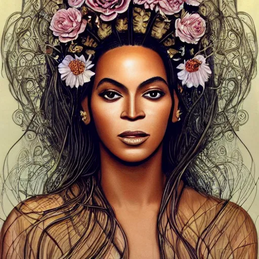 Prompt: facial portrait of Beyonce as a young pretty woman in flowing dress, arrogant, mysterious, long fine flowing hair, delicate, looking at camera, slightly awkward smile, realistic face, no hands visible, intricate, stylish, elegant, grimdark fantasy, flowers, extremely detailed painting by Martine Johanna and Ernst Haeckel and Greg Rutkowski