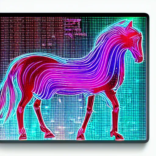 Image similar to digital horse, glowing circuit board patterns along body, retrowave palette, highly detailed, anatomically correct equine, digital art