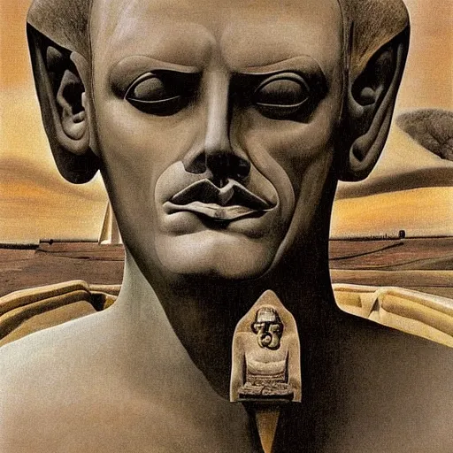 Image similar to john cleese as the sphinx, the sphinx with the head of john cleese, young john cleese's head on the sphinx, painting by salvador dali