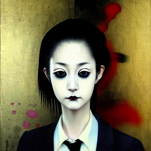 Image similar to yoshitaka amano blurred and dreamy realistic three quarter angle portrait of a young woman with black lipstick and black eyes wearing office suit with tie, junji ito abstract patterns in the background, satoshi kon anime, noisy film grain effect, highly detailed, renaissance oil painting, weird portrait angle, blurred lost edges