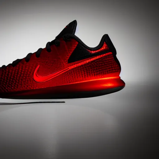 Image similar to a futuristic nike shoe, studio lighting, studio photography, highly detailed, red, black, 8 k, ad, sharp focus, side view