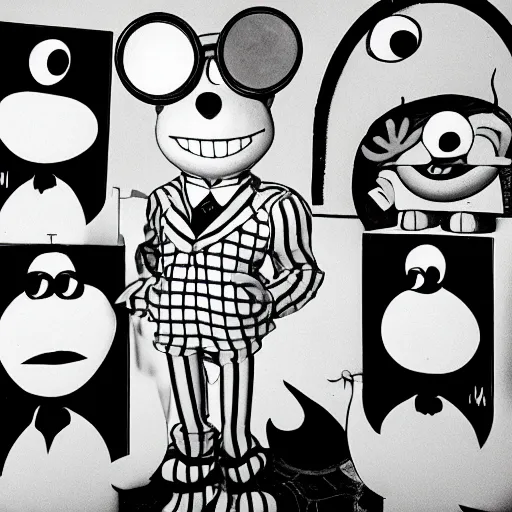 Prompt: a black and white photograph in the style of Jim Henson, Gary Baseman, Robert Crumb, Ernie Bushmiller, Hanna Barbera, Sid and Marty Kroft, photorealism, surreal, high contrast, film photography