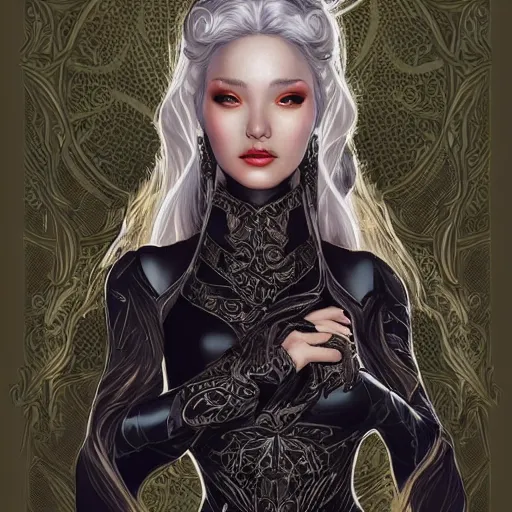 Prompt: elf sorceress character portrait wearing black silk, concept art, intricate details, highly detailed photorealistic portrait in the style of adam hughes, seseon yoon, artgerm and warren louw