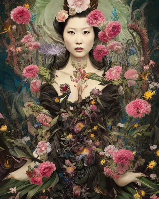 Image similar to portrait of the japanese queen of the underworld, surrounded by flowers by karol bak, james jean, tom bagshaw, rococo, sharp focus, trending on artstation, cinematic lighting, hyper realism, octane render, 8 k, hyper detailed.