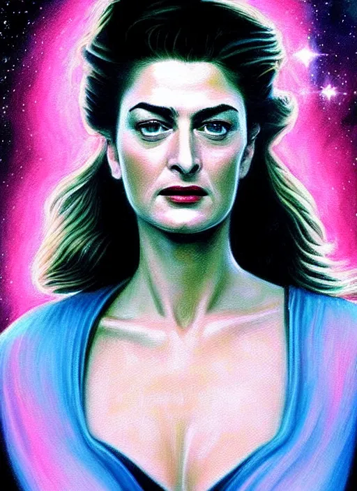 Prompt: elegantly disdainful. Shelly Johnson from Twin Peaks as empress of pulsar stars. ultra detailed painting at 16K resolution and amazingly epic visuals. epically beautiful image. amazing effect, image looks gorgeously crisp as far as it's visual fidelity goes, absolutely outstanding. vivid clarity. ultra. iridescent. mind-breaking. mega-beautiful pencil shadowing. beautiful face. Ultra High Definition. godly shading diffusion. amazingly crisp sharpness. photorealistic 3D rendering on film cel processed twice..