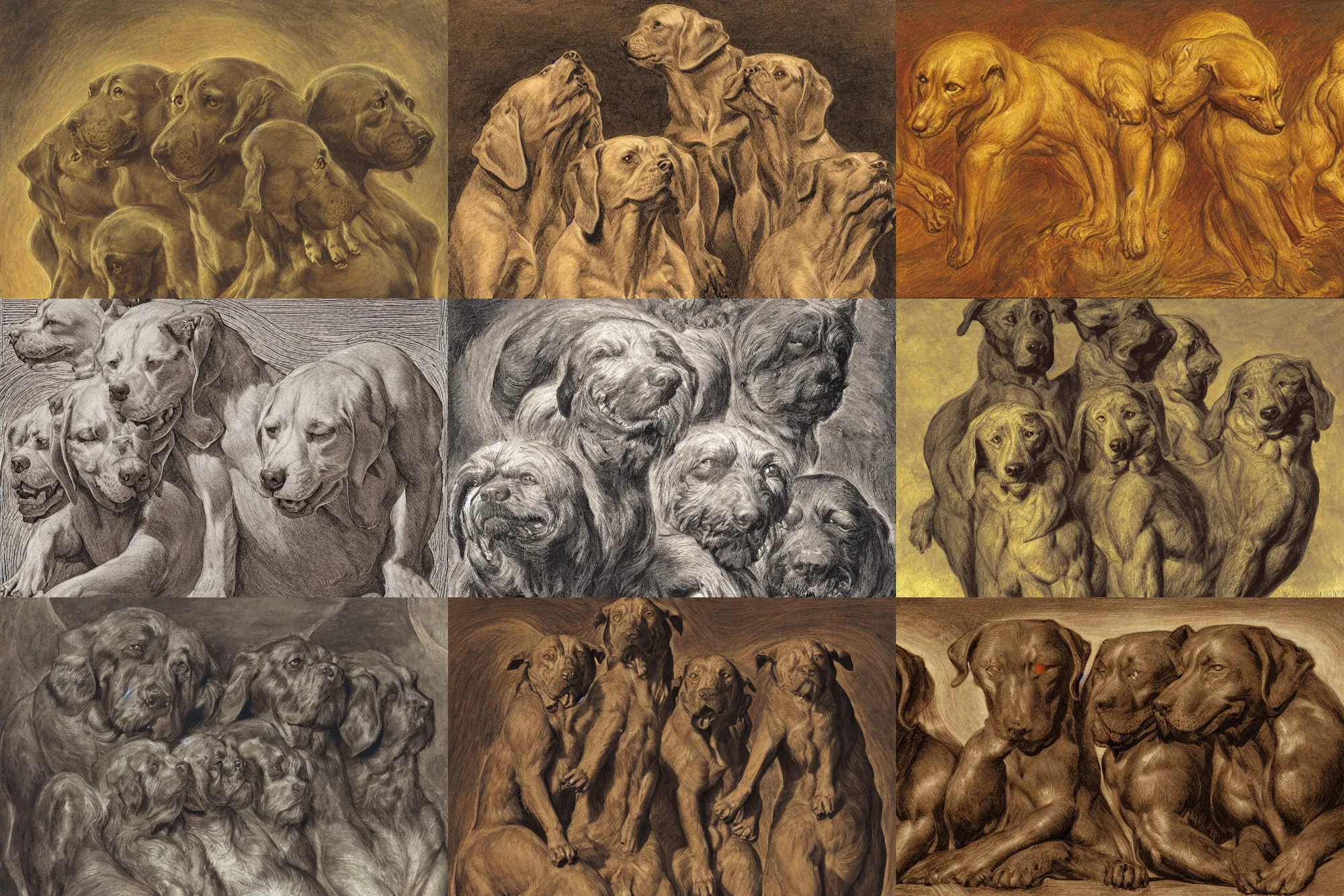 Prompt: cerberus hyperdetailed photo of a three headed dog cerberus by william blake, ilya repin, alex horley, johfra bosschart, craig mullins, three head one body, details