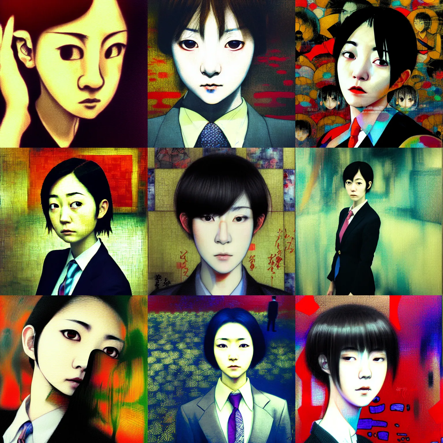 Prompt: yoshitaka amano blurred and dreamy realistic three quarter angle portrait of a young woman with short hair and black eyes wearing office suit with tie, junji ito abstract patterns in the background, satoshi kon anime, wong kar - wai color palette, noisy film grain effect, highly detailed, renaissance oil painting, weird portrait angle, blurred lost edges