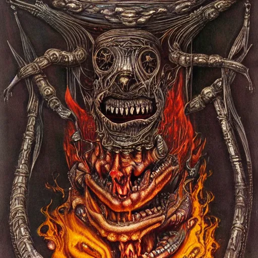 Prompt: monsters consumed transformed transmutation in a fiery alchemical cauldron painted by giger