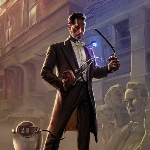 Image similar to reginald hargreeves with a cane and a revolver, wearing a pocket watch, cyber punk setting, time travel deep focus, turnaround, fantasy, intricate, elegant, highly detailed, digital painting, artstation, concept art, matte, sharp focus, illustration, art by artgerm and greg rutkowski