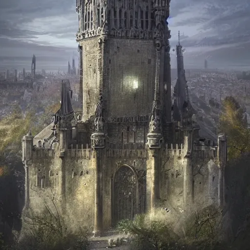 Image similar to a lonely and impossibly tall ominous gothic dark citadel tower of the evil patriarch, battlements, castle wall, portcullis, in a river elevated high above the city, flintlock fantasy capital city, scary gothic architecture, ultrawide lense, aerial photography, unreal engine, exquisite detail, 8 k, art by greg rutkowski and alphonse mucha