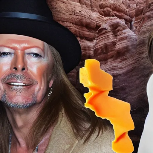 Prompt: david bowie, oprah, kid rock are scared and they are tight rope walking over a large canyon full of melted cheese, 8 k, award winning photography