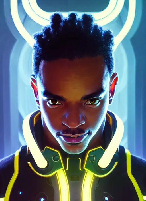 Image similar to symmetry portrait of lucio from overwatch, sci - fi, tech wear, glowing lights intricate, elegant, highly detailed, digital painting, artstation, concept art, smooth, sharp focus, illustration, art by artgerm and greg rutkowski and alphonse mucha