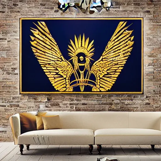 Prompt: eagle wing, glam rock, golden hour, sumerian wall art