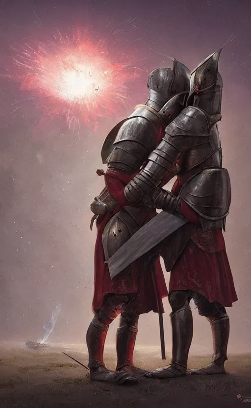 Image similar to digital painting of two medieval knights hugging each other in dispair while the universe is exploding, in a medieval village, stunning, surreal, cinematic lighting, concept art by greg rutkowski and simon stalenhag