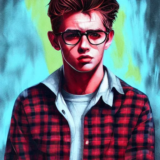 Prompt: young james dean teenage boy man, in a black and red checked flannel shirt, in a style of 8 0's horror style, wlop, artgerm, jason chan, charlie bowater, sergey kolesov, watercolor on paper, hyper detail portrait, closeup on face, exquisite detail, profile picture,