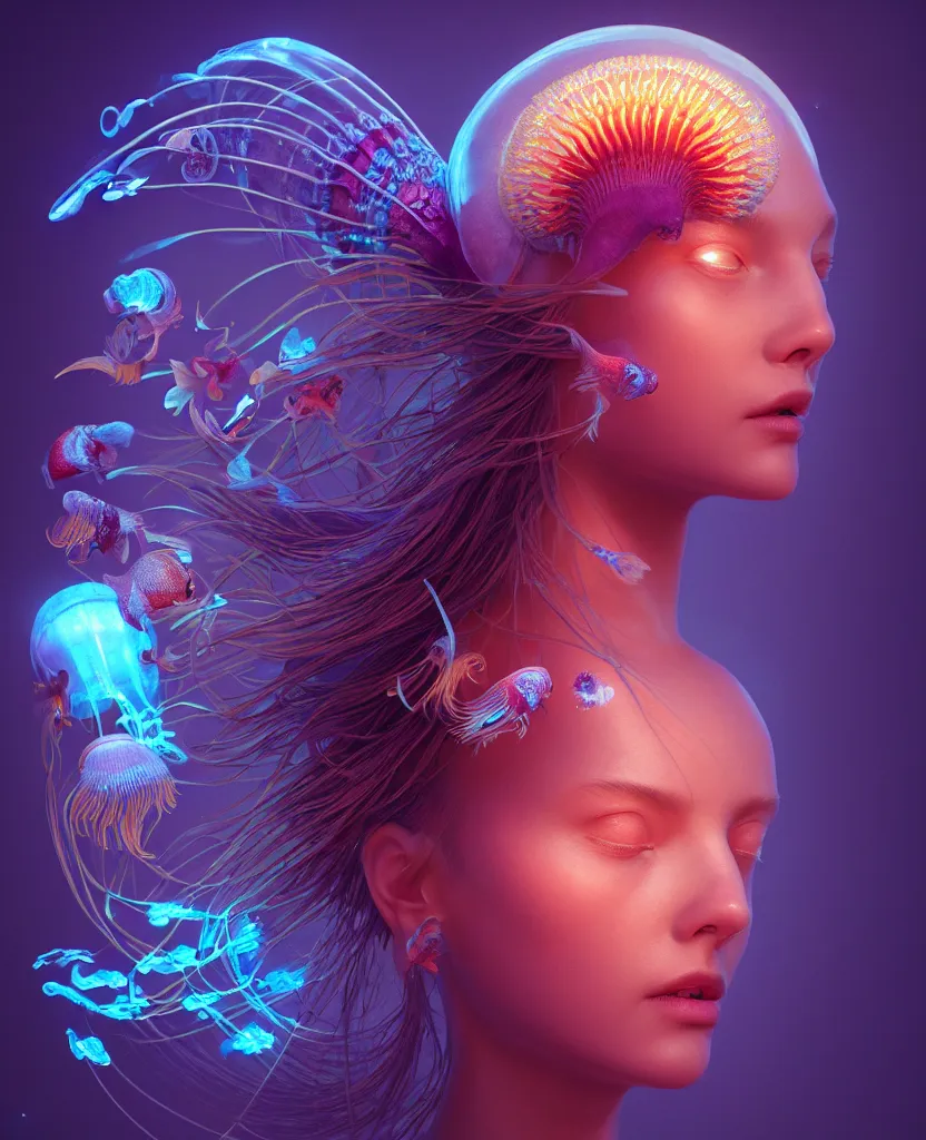 Image similar to goddess close-up portrait. jellyfish phoenix head, nautilus, orchid, skull, betta fish, bioluminiscent creatures, intricate artwork by Tooth Wu and wlop and beeple. octane render, trending on artstation, greg rutkowski very coherent symmetrical artwork. cinematic, hyper realism, high detail, octane render, 8k