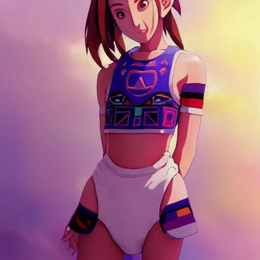 Image similar to beautiful boyish natalie portman gravure model in majora's mask, wearing big mayan bomber jacket with overalls and leotard, big bomber jacket with subtle mayan patterns, aztec bathing suit, gapmoe yandere grimdark, trending on pixiv fanbox, painted by greg rutkowski makoto shinkai takashi takeuchi studio ghibli, akihiko yoshida