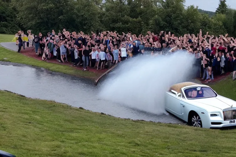 Image similar to Group of teenagers push Rolls-Royce into lake from small slide