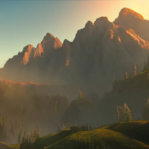 Image similar to cascade of multiple gigantic nancy pelosi, epic mountains in the background, sunrise, fantasy illustration, matte painting, concept art, low angle shot, volumetric lighting, volumetric atmosphere, morning mist, art by james gurney, unreal engine 5, 8 k