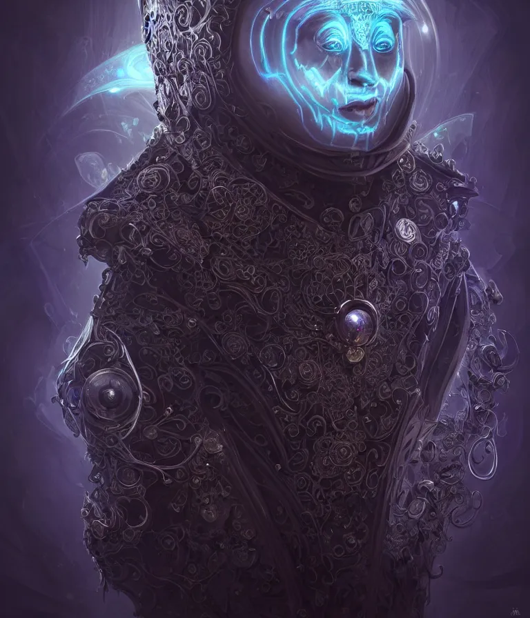 Image similar to front!!! shot of a court jester!!! character, hyperdimensional, bioluminescent hypercubes, dark holography!!!, future, chrome, (((intricate))), elegant, highly detailed, centered, (((artstation, concept art, smooth, sharp focus, artgerm, Tomasz Alen Kopera, Peter Mohrbacher, donato giancola, Joseph Christian Leyendecker, WLOP, Boris Vallejo))), ((raytracing)), mugshot!!!!!, ugly!!!!!!, octane render, nvidia raytracing demo, octane render, nvidia raytracing demo, octane render, nvidia raytracing demo, grainy, muted, 8K, digitalblasphemy, metatron