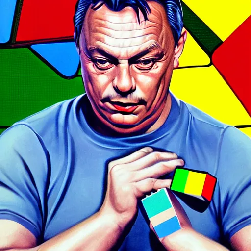 Image similar to portrait of viktor orban in training shorts confused by a rubik's cube, highly detailed illustration by boris vallejo