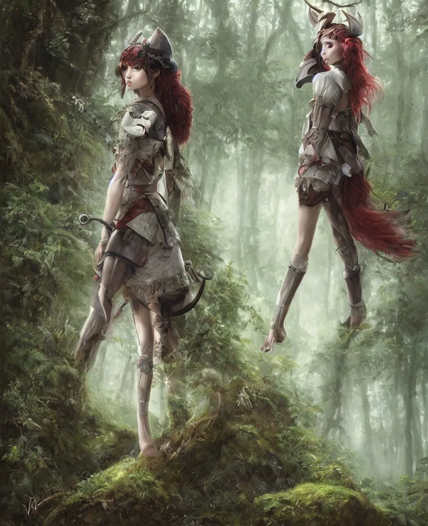 Image similar to portrait of Princess Mononoke girl, fully clothed in armor, lush forest landscape, painted by tom bagshaw, proko, artgerm, norman rockwel, james gurney, denoised, sharp, architectural