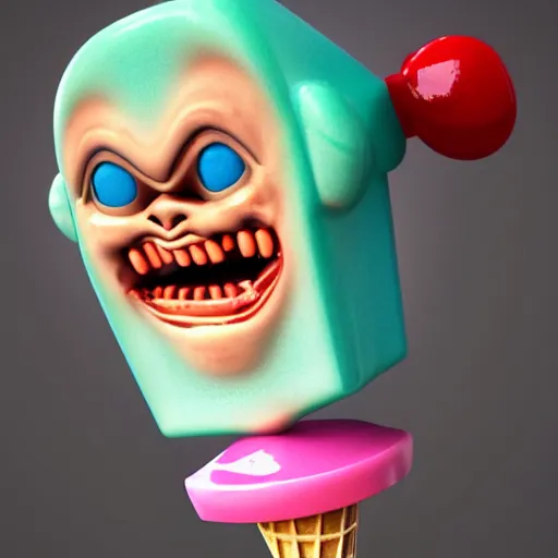 Image similar to ice cream popsicle shaped like screaming chucky doll, octane render, ultrarealistic, centered