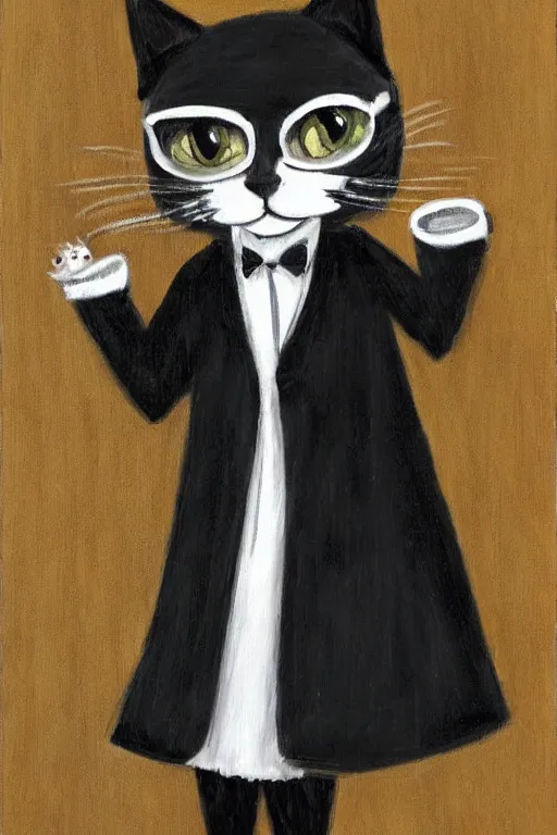 Image similar to a cat wearing a formal overcoat lisa keene