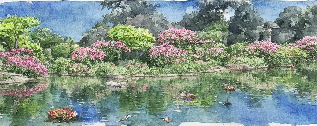 Image similar to isomeric view, delicate lake in a botanic garden, garden road, sparrows, temple in a botanical herbarium paper, watercolor colored painting, iridescent colors, 8 k, realistic shaded, fine details, artstation, italian style, colonnade, flowers, huge architecture