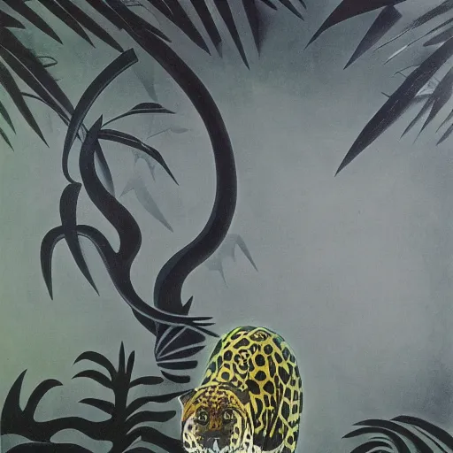 Prompt: intense jaguar in a dark misty jungle, by Yves Tanguy