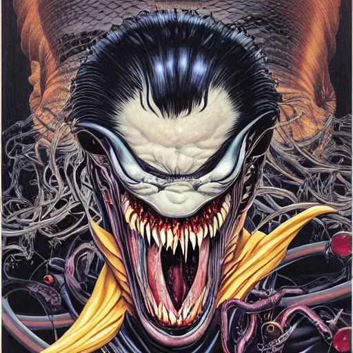 Image similar to portrait of crazy venom, symmetrical, by yoichi hatakenaka, masamune shirow, josan gonzales and dan mumford, ayami kojima, takato yamamoto, barclay shaw, karol bak, yukito kishiro