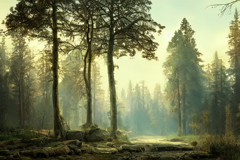 Image similar to A beautiful painting of russian village in dark forest by ivan shishkin and arkhip kuindji, trending on artstation,matte painting