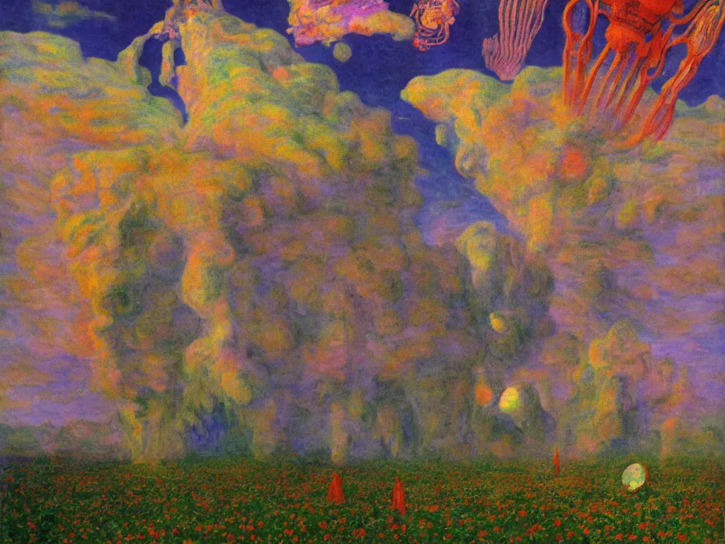 Prompt: study of the psychedelics dream bot mothership over the sublime sacred rock. painting by monet, bosch, wayne barlowe, agnes pelton, rene magritte