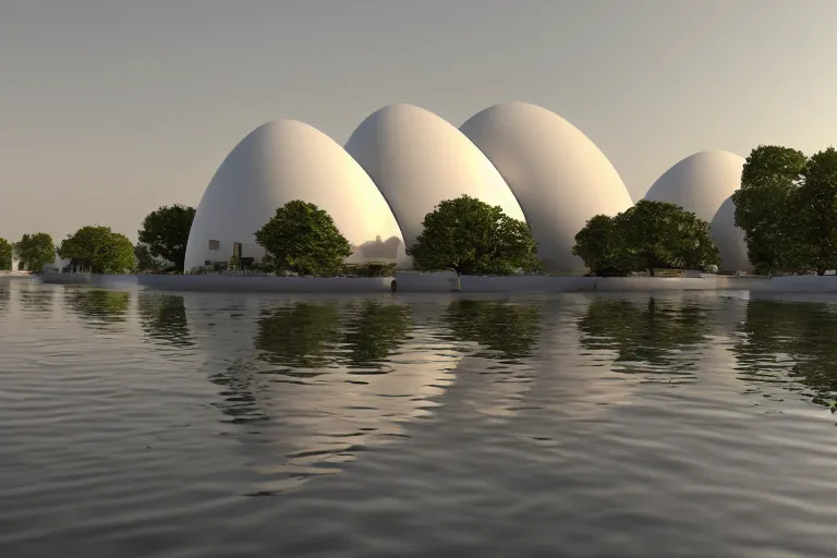 Image similar to 2 0 white round egg shaped buildings are combined to form a post - modern building, by pierre bernard, on the calm lake, people's perspective, future, interior wood, dusk, unreal engine highly rendered, global illumination, radial light, internal environment