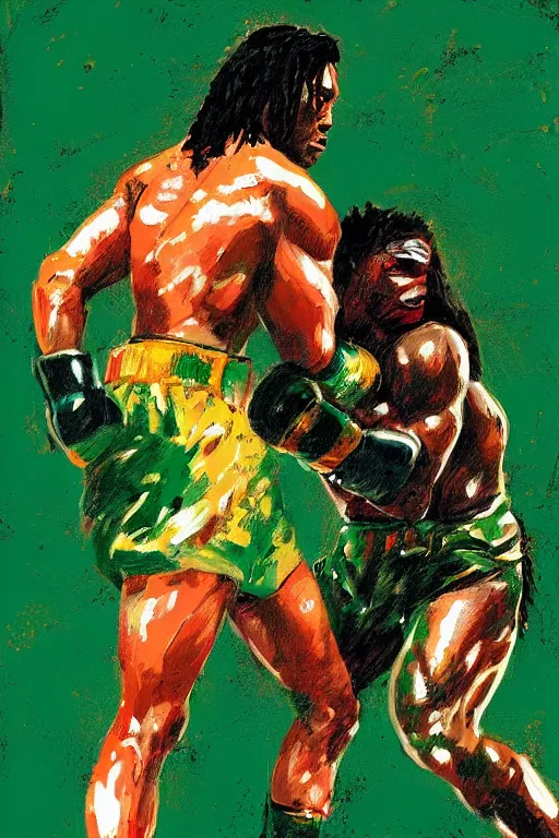 Prompt: fight between rocky balboa and the predator, artstation, concept art, smooth, sharp foccus ilustration hq, painting in the style of leroy neiman, green tones