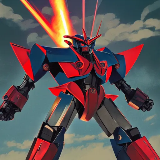 Prompt: mazinger z mecha making destruction, looking at the sky, psychedelic, highly detailed upper body, professionally post - processed, beautiful, symmetry accurate features, epic, octane rendered, anime masterpiece, ilya kuvshinov, krenz cushart, epic, unreal engine 5, lumen, nanite