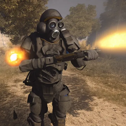 Prompt: a heavily armored soldier wearing a gasmask, glowing blue eyes, in source engine