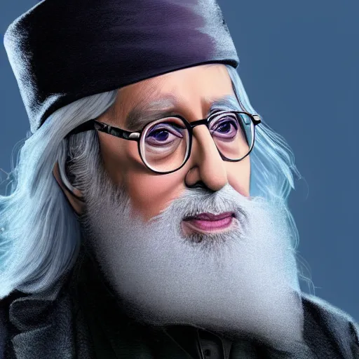 Image similar to amitabh bachhan as dumbledore, portrait, 4 k, realistic, cinematic, volumetric lighting