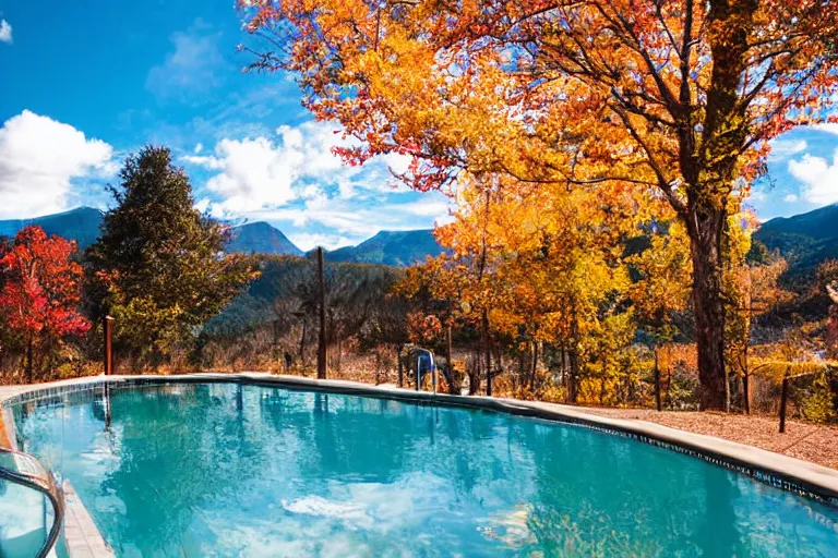 Prompt: holiday resort, hot springs pool in the mountains, relaxing, autumn, trees, steam clouds, photo, kodak, dlsr