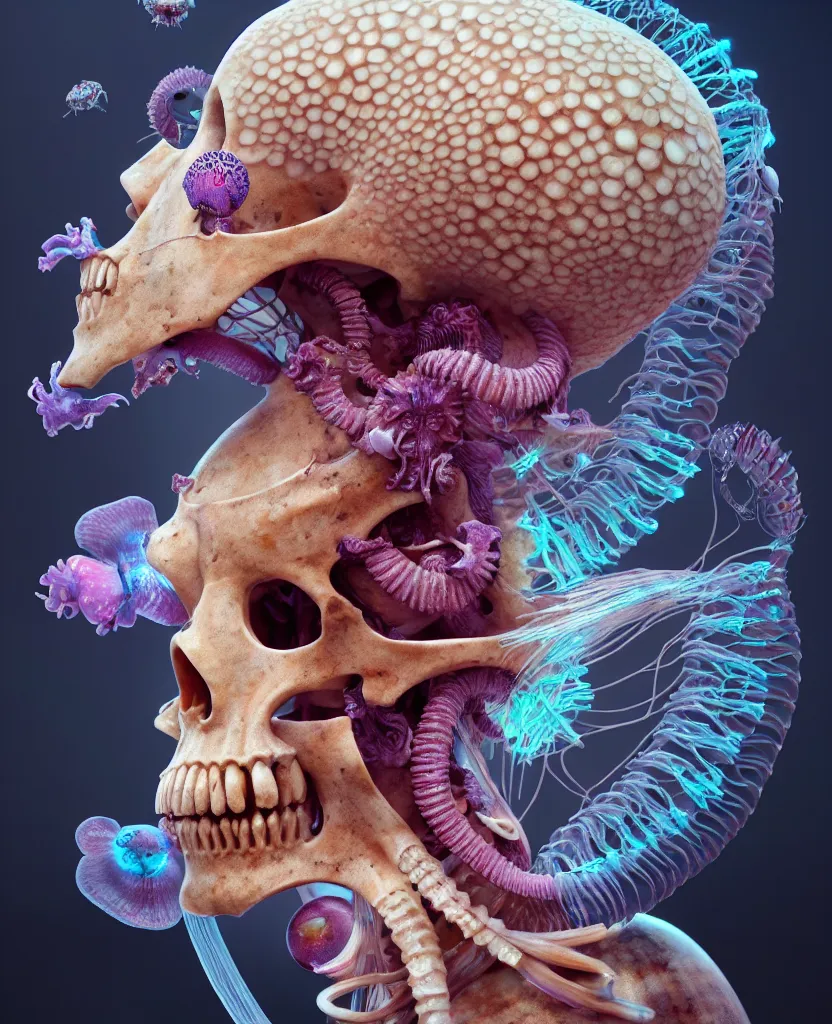 Image similar to goddess close-up portrait ram skull, thorax, x-ray, backbone, jellyfish phoenix head, nautilus, orchid, skull, betta fish, bioluminiscent creatures, intricate artwork by Tooth Wu and wlop and beeple. octane render, trending on artstation, greg rutkowski very coherent symmetrical artwork. cinematic, hyper realism, high detail, octane render, 8k