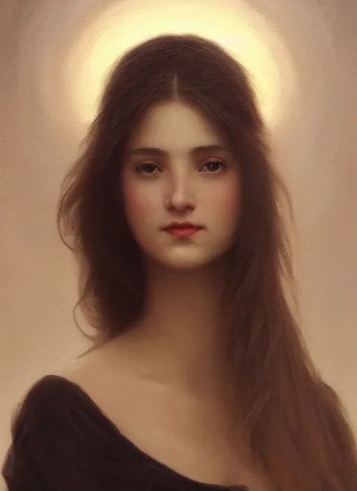 Prompt: oil painting close up portrait of a young woman with long dark flowing hair in a black dress, surrounded by white lilies!! at sunset, hazy, digital art, chiaroscuro, artstation, cinematic, golden hour, digital art painting by greg rutkowski, william - adolphe bouguereau, hazy atmosphere, cinematic lighting