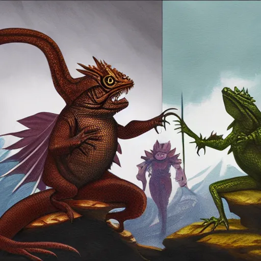 Prompt: dramatic concept art painting of lizard wizards