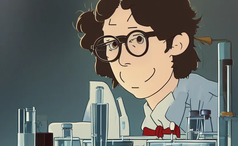 Image similar to a film still portrait of a young nerdy longhaired scientist in his lab, finely detailed features, closeup at the faces, perfect art, grimdark, trending on pixiv fanbox, painted by studio ghibli, charlie brown