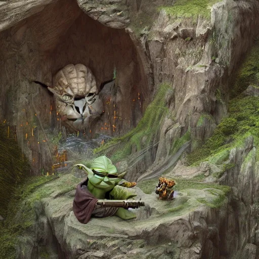 Image similar to yoda in a cave, hyper detailed, digital art, trending on artstation, cinematic lighting, studio quality, smooth render, unreal engine 5 rendered, octane rendered, art style by klimt and nixeu and ian sprigger and wlop and krenz cushart